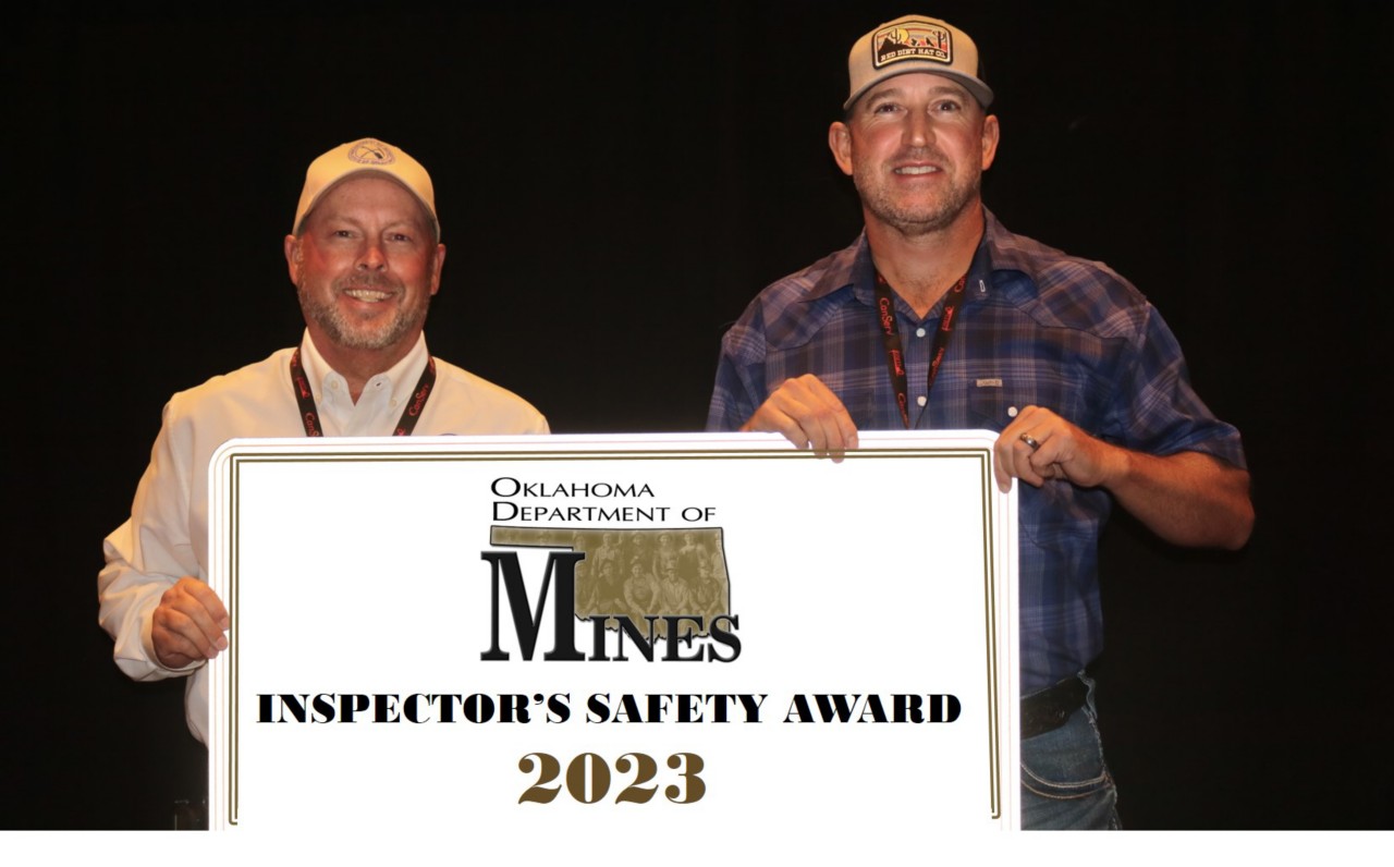 Oklahoma Department of Mines Inspector Troy Young with Large Mine Safety Award Winner Dolese Bros. (White Eagle Sand Plant, Permit Number LE-2576)