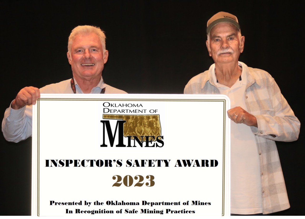 Oklahoma Department of Mines Inspector Artie Wingo with Small Mine Safety Award Winner Capitol Stone (Permit Number LE-2069)