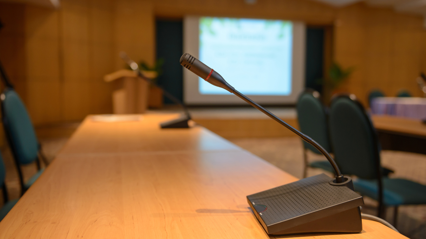 Empty Boardroom with Microphones Empty Boardroom with Microphones