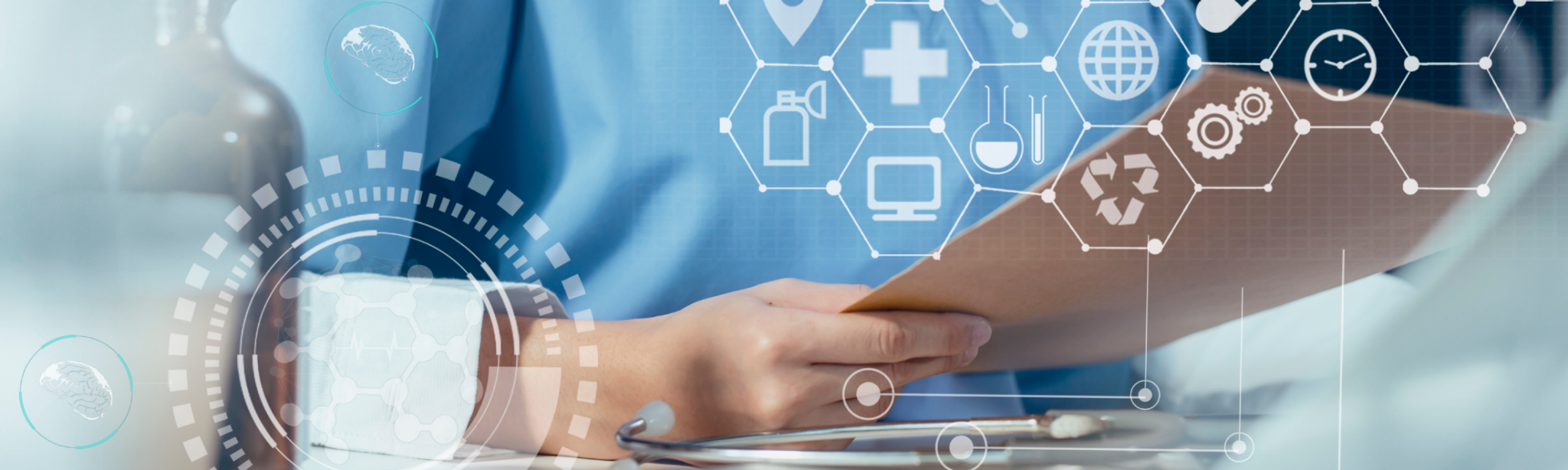 Heads up display with a nurse looking at a paper form and a laptop Heads up display with a nurse looking at a paper form and a laptop