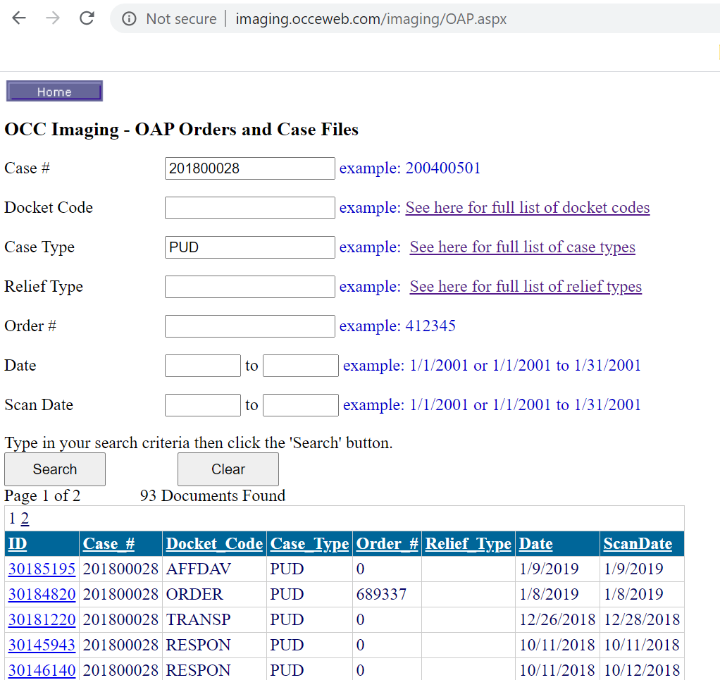 screenshot from Corporation Commission's Imaging site for orders and case files