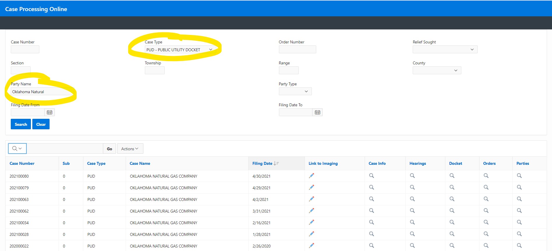 Screenshot of the case processing docket search application showing search results by party name and case typeas it was updated in June 2021.