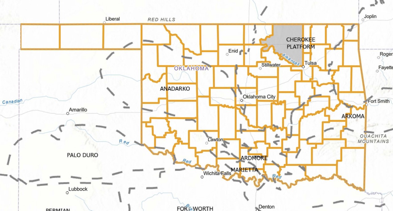 Map of Oklahoma with County Borders linking to OCC Well Data Finder