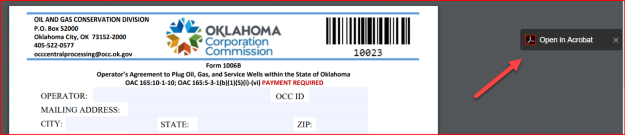 A scrrenshot of an OCC oil and gas form with a red arrow pointing to the right to a grey bar with the Adobe PDF logo that reads "Open in Acrobat" 