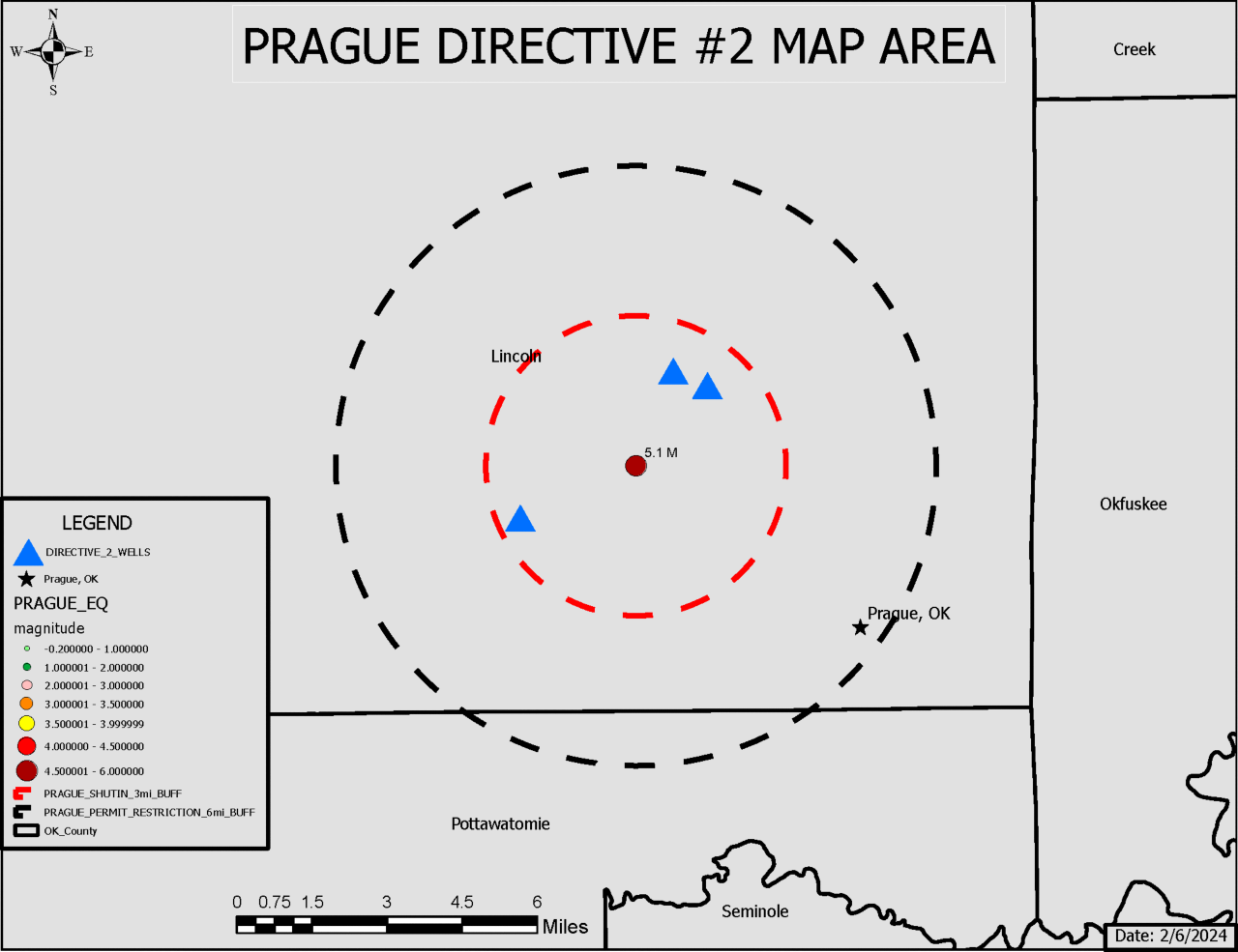 Epicenter of 5.1 earthquake in Prague showing 3 wells within 3 miles impacted by directive issued February 7