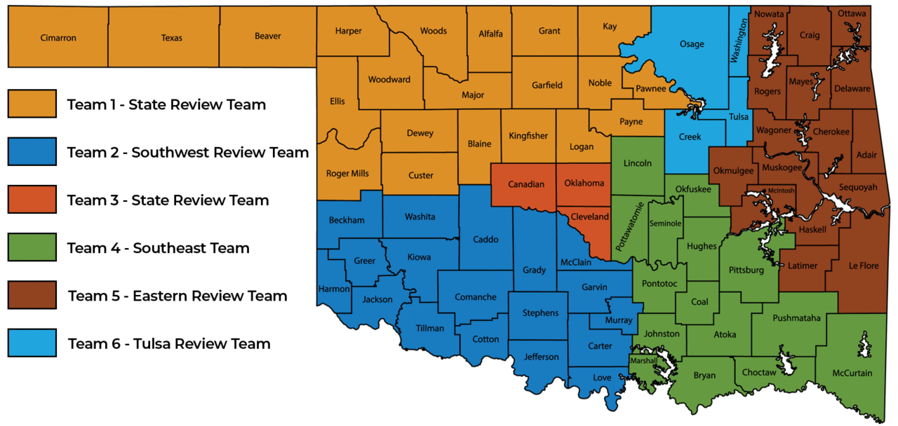 This is a color coded map of the six review team regions for the Child Death Review Board.