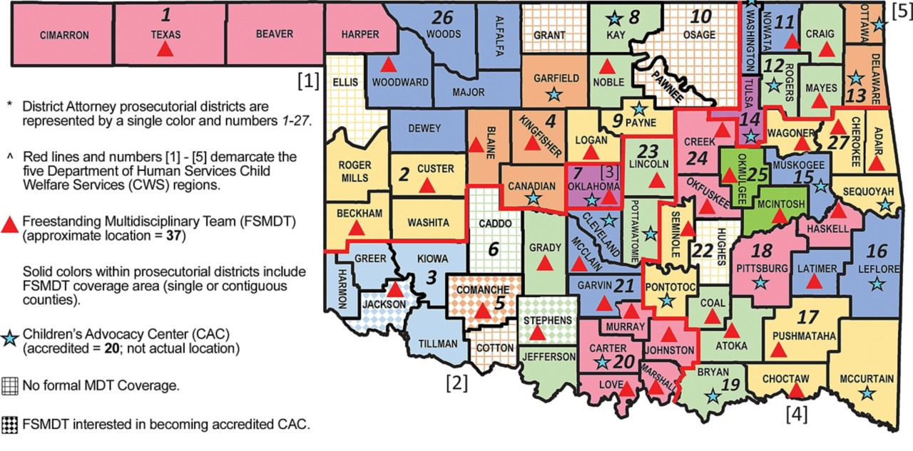 This is a map provided by the Freestanding Multidisciplinary Team program at OCCY.  The map provides clarification as to where various program related items are located throughout Oklahoma.