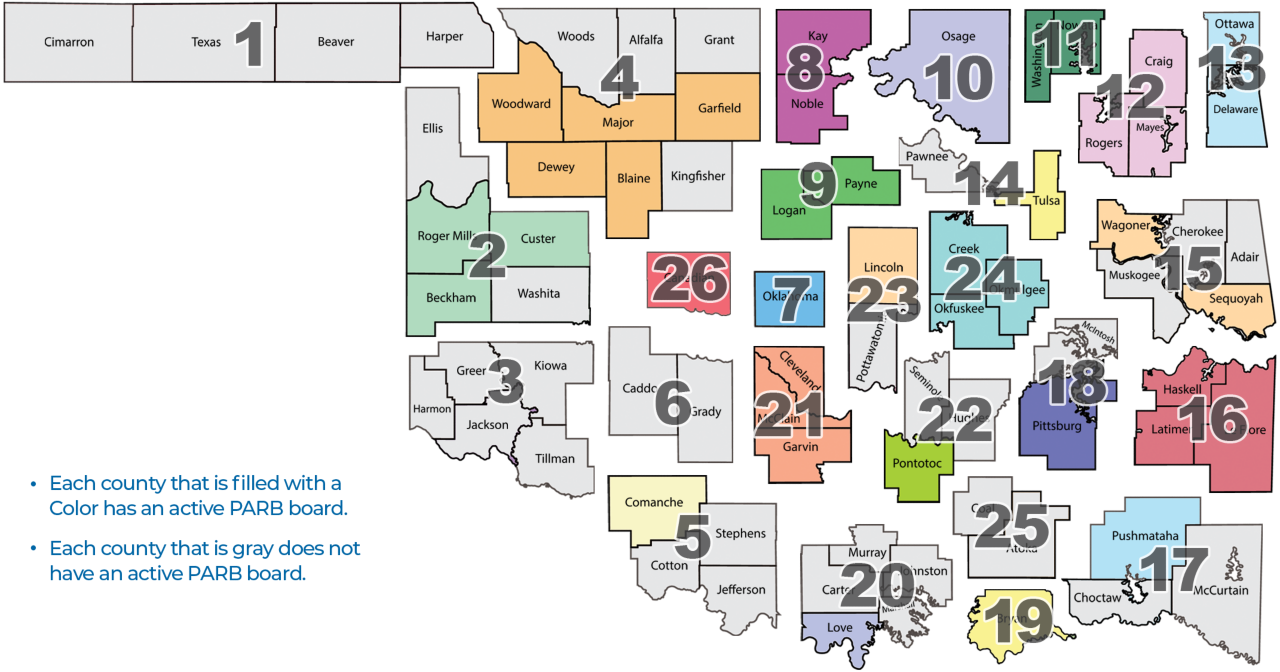 An exploded map of PARB judicial districts.  Each district is designated by their district number.