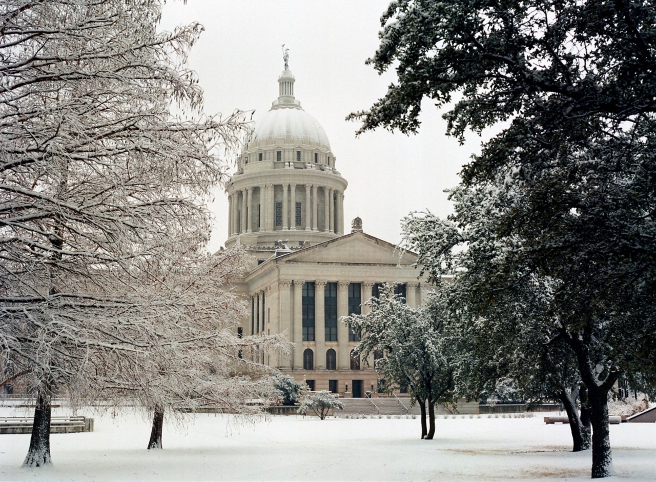 State of Oklahoma Capitol Building in winter snow