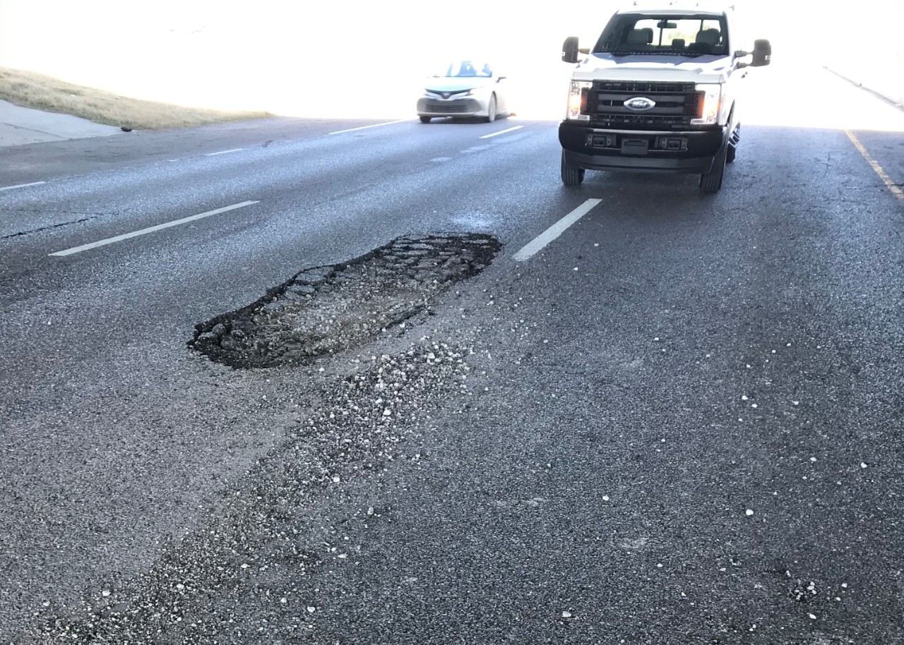 Pothole on US-169 in Tulsa