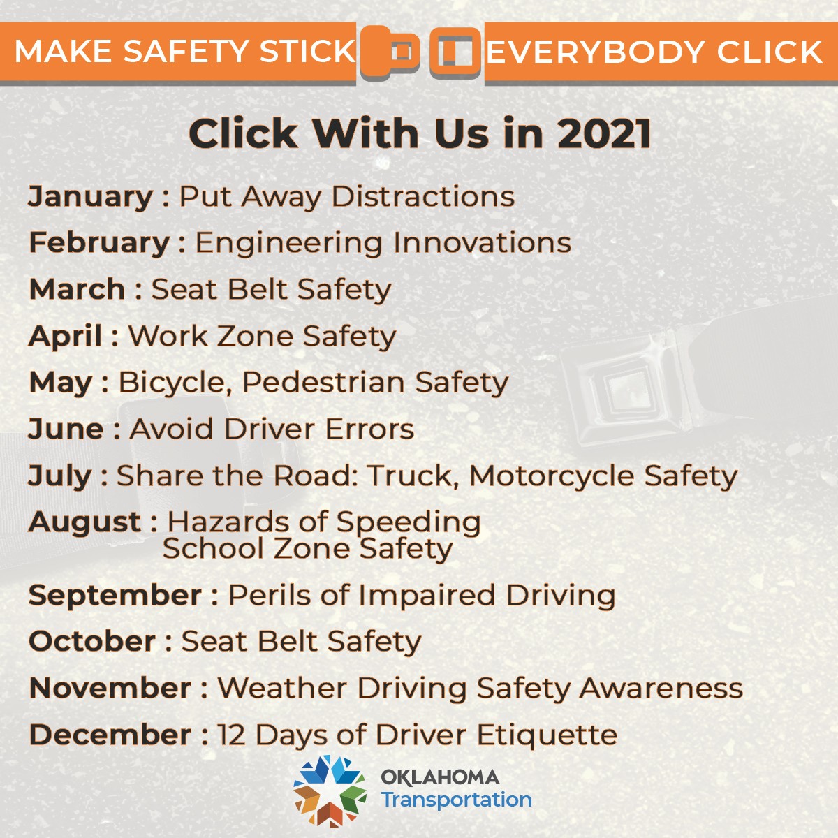 Schedule of safety initiative topics for 2021