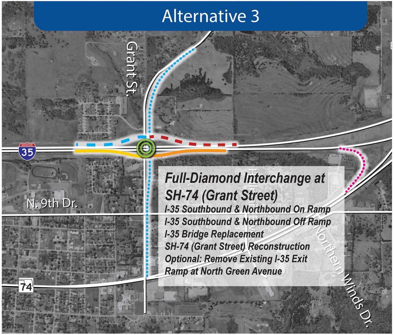Rendering of the proposed I-35 interchange at SH-74/Grant St. in Purcell, showing north and southbound ramps