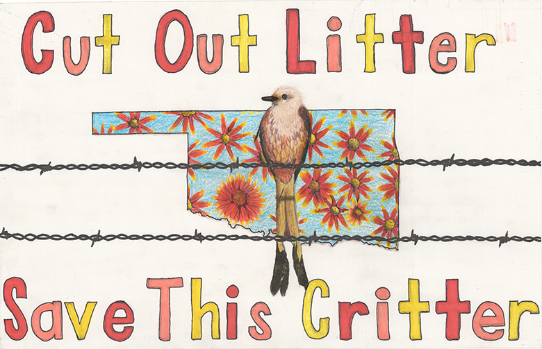 Artwork showing the State of Oklahoma with a scissortail flycatcher bird and the text Cut Out Litter Save This Critter