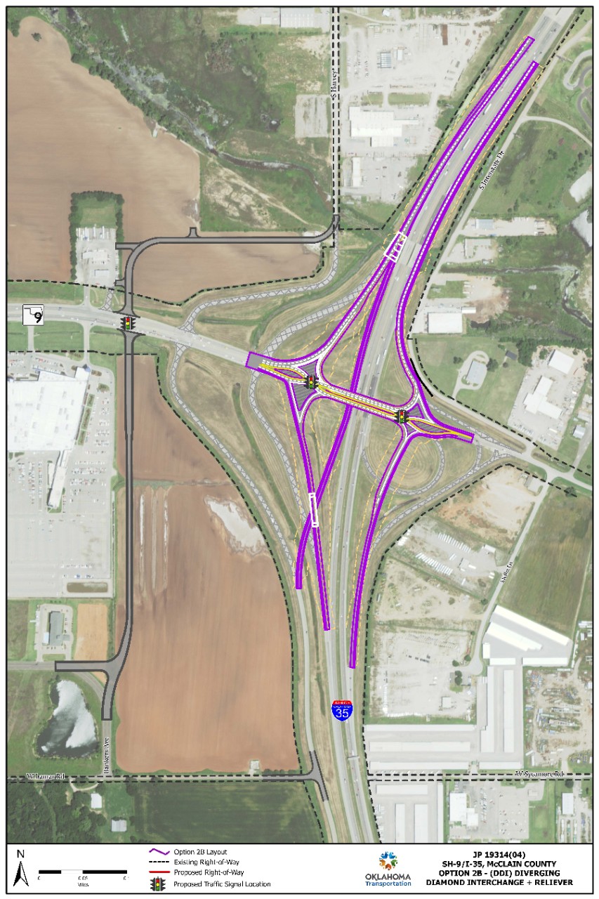 Rendering of the proposed I-35 interchange at SH-9 West near Goldsby in McClain County, showing the on- and off-ramps and local access