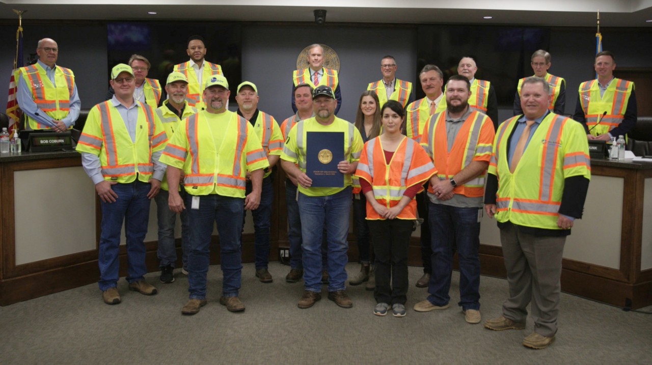 The Oklahoma Transportation Commission, Secretary of Transportation Tim Gatz and Chief Engineer Brian Taylor were joined by ODOT maintenance crew members at Monday’s commission meeting to help kick off work zone awareness month activities. This year’s campaign focuses on slowing down, not following too closely, putting away distractions and always buckling up to help keep everyone safe in work zones.