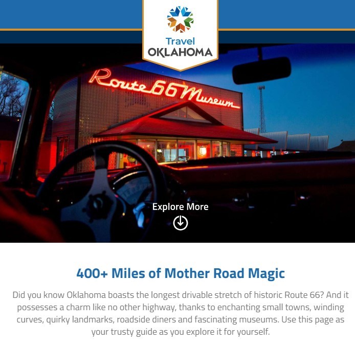 Travel Oklahoma Route 66 landing page