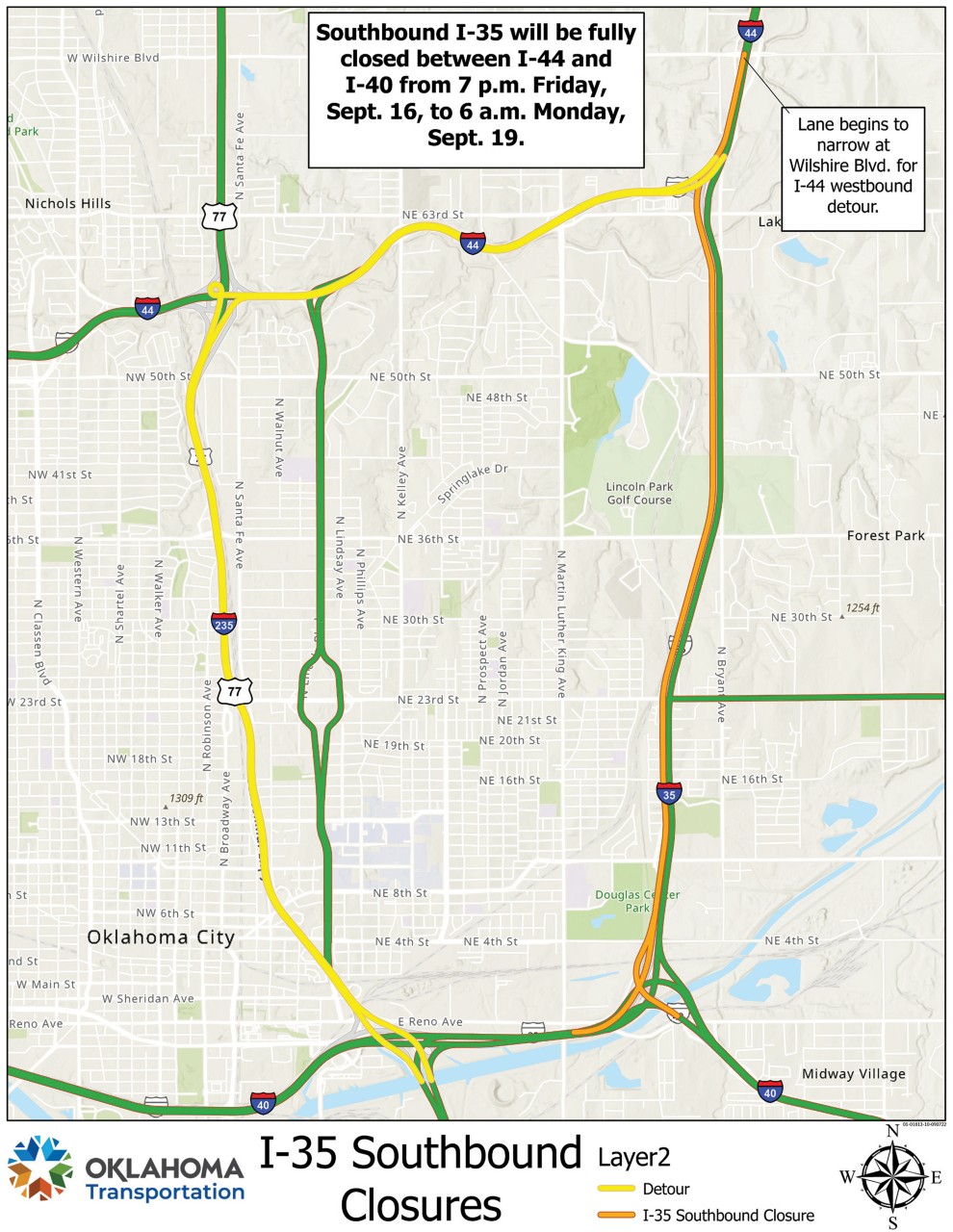 Southbound I-35 will be closed between I-44 and I-40 from 7 p.m. Sept. 16 to 6 a.m. Sept. 19 as part of a resurfacing project.