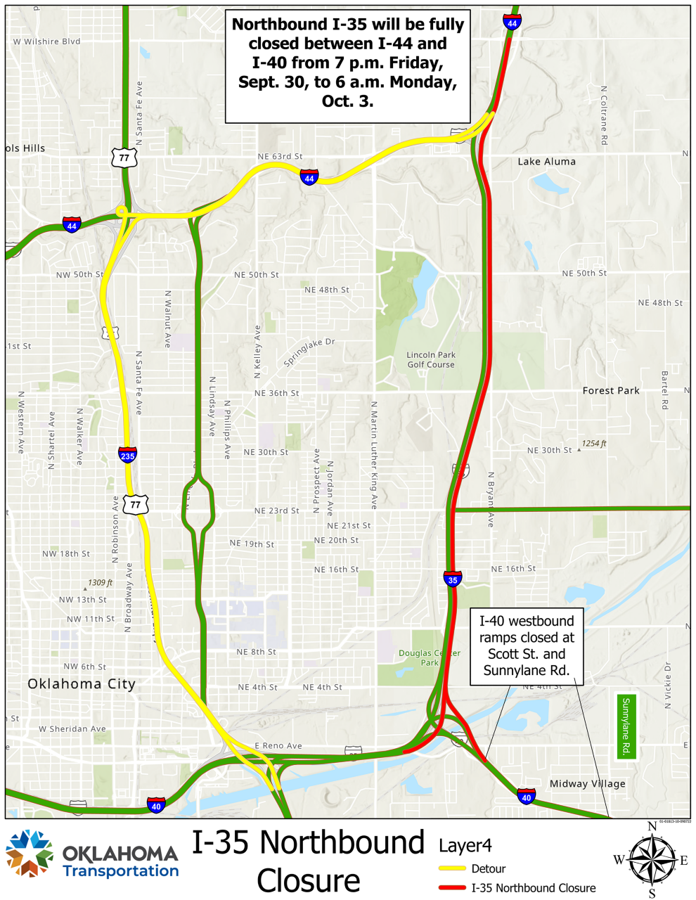 Northbound I-35 will be closed between I-40 and I-44 from 7 p.m. Sept. 30 to 6 a.m. Oct. 3 for resurfacing.