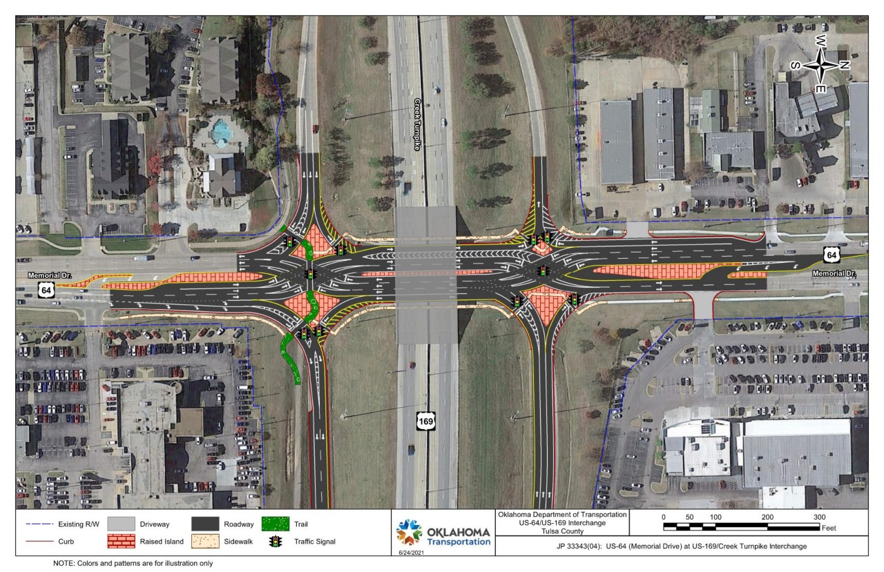 A map depicting the layout of Memorial Drive/US-64 at the US-169/Creek Turnpike interchange once completed.