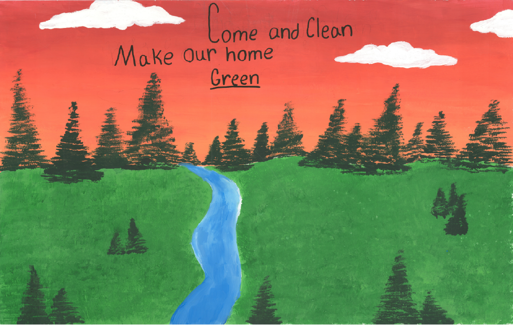 River running through a prairie with text, "Come and clean make our home green."