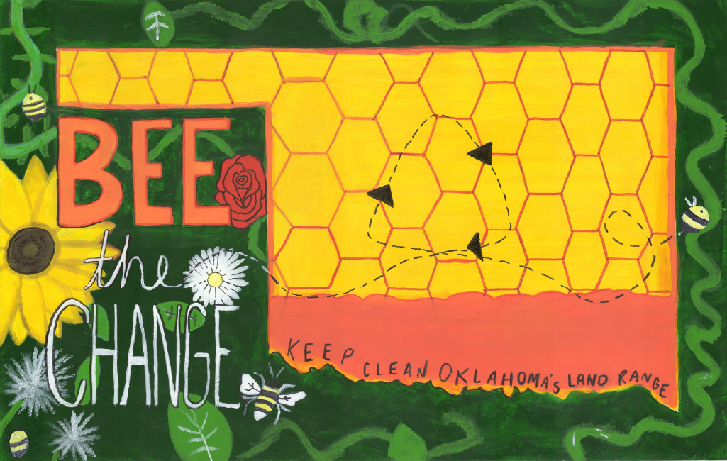 honeycomb pattern in shape of Oklahoma with text, "Bee the change. Keep clean Oklahoma's land range."