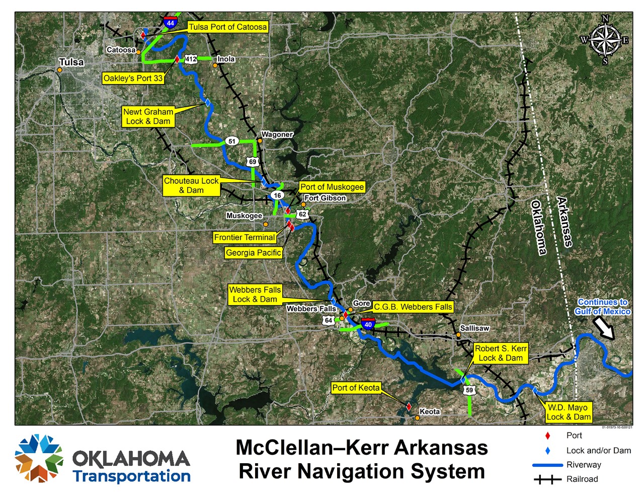This map shows the Oklahoma port and terminal locations along the McKlellan-Kerr Arkansas River Navigation System.