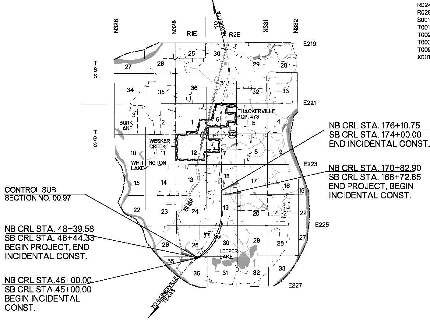 Plan title sheet showing map of the I-35 project at Thackerville