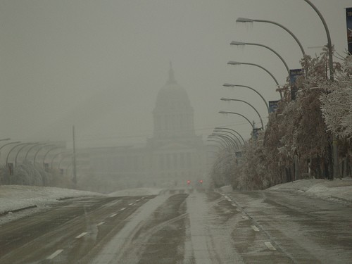 Icy road looking toward state capitol
