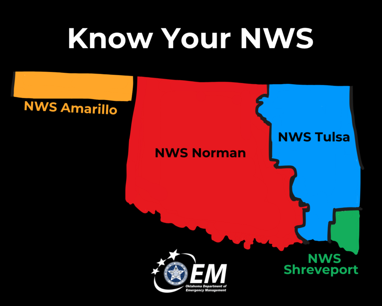 Know your NWS. Image of Oklahoma divided up by NWS Amarillo, NWS Norman, NWS Tulsa, NWS Shreveport