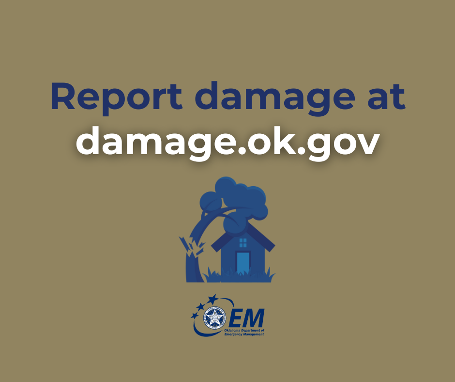 Report Damage at damage.ok.gov. Logo, Oklahoma Department of Emergency Management.
