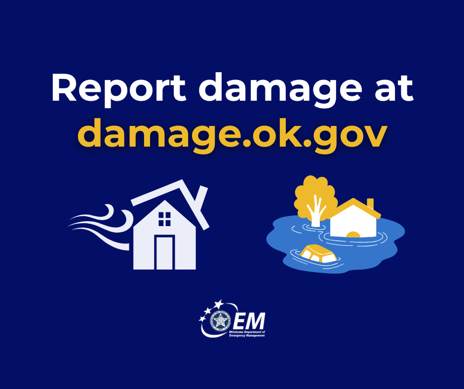 Report Damage at damage.ok.gov. Logo, Oklahoma Department of Emergency Management.