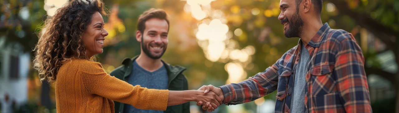 New neighbors being introduced to the community, selective focus on handshakes and smiles, integration theme, vibrant, overlay, neighborhood park backdrop