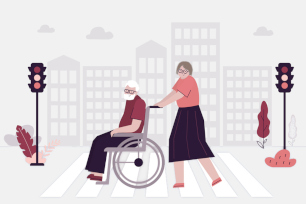 2160571935 Elderly pedestrians cross road at crosswalk. Old woman is carrying grandfather in wheelchair. Love couple moves on foot around city. Accessible environment, city for people with disabilities. vector