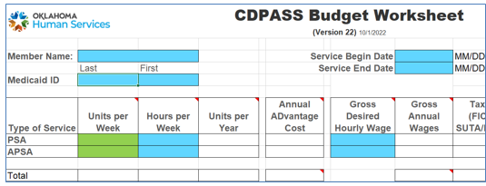 Screenshot of CDPASS Budget Worksheet to guide users. For my information, contact Megan Parkhurst at  megan.parkhurst@okdhs.org