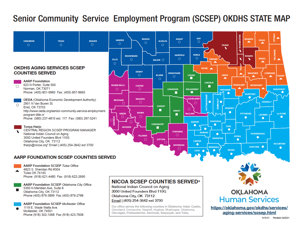 Map of Senior Community Services Employment Program for the State of Oklahoma. For more information, contact Nadine Walter at 405-885-5469