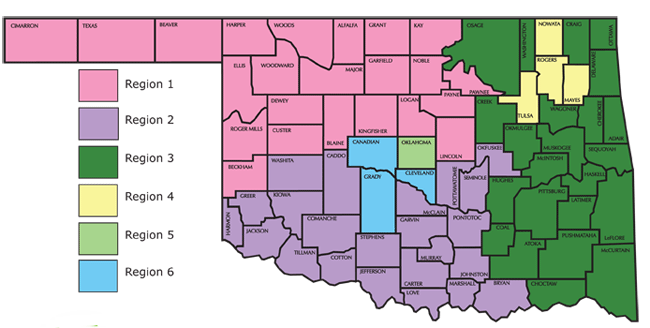 Map of Oklahoma showing the five licensing regions served by the OKDHS Division of Child Care (DCC). More information about the map follows below.