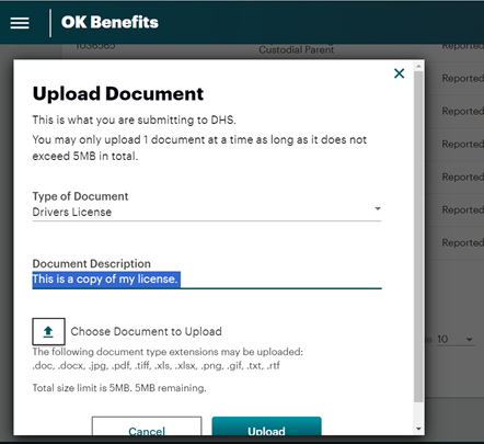Image for uploading documents to OK Benefits. For further details, contact Monik Beattie at monik.ctr.beattie@okdhs.org.