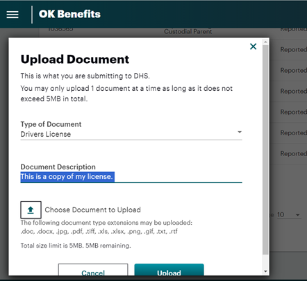 Image for uploading documents to OK Benefits. For further details, contact Monik Beattie at monik.ctr.beattie@okdhs.org. 