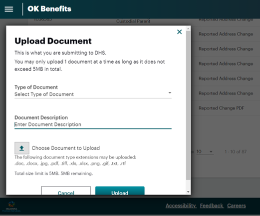 Image for uploading documents to OK Benefits. For further details, contact Monik Beattie at monik.ctr.beattie@okdhs.org.