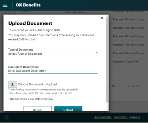 Image for uploading documents to OK Benefits. For further details, contact Monik Beattie at monik.ctr.beattie@okdhs.org. 
