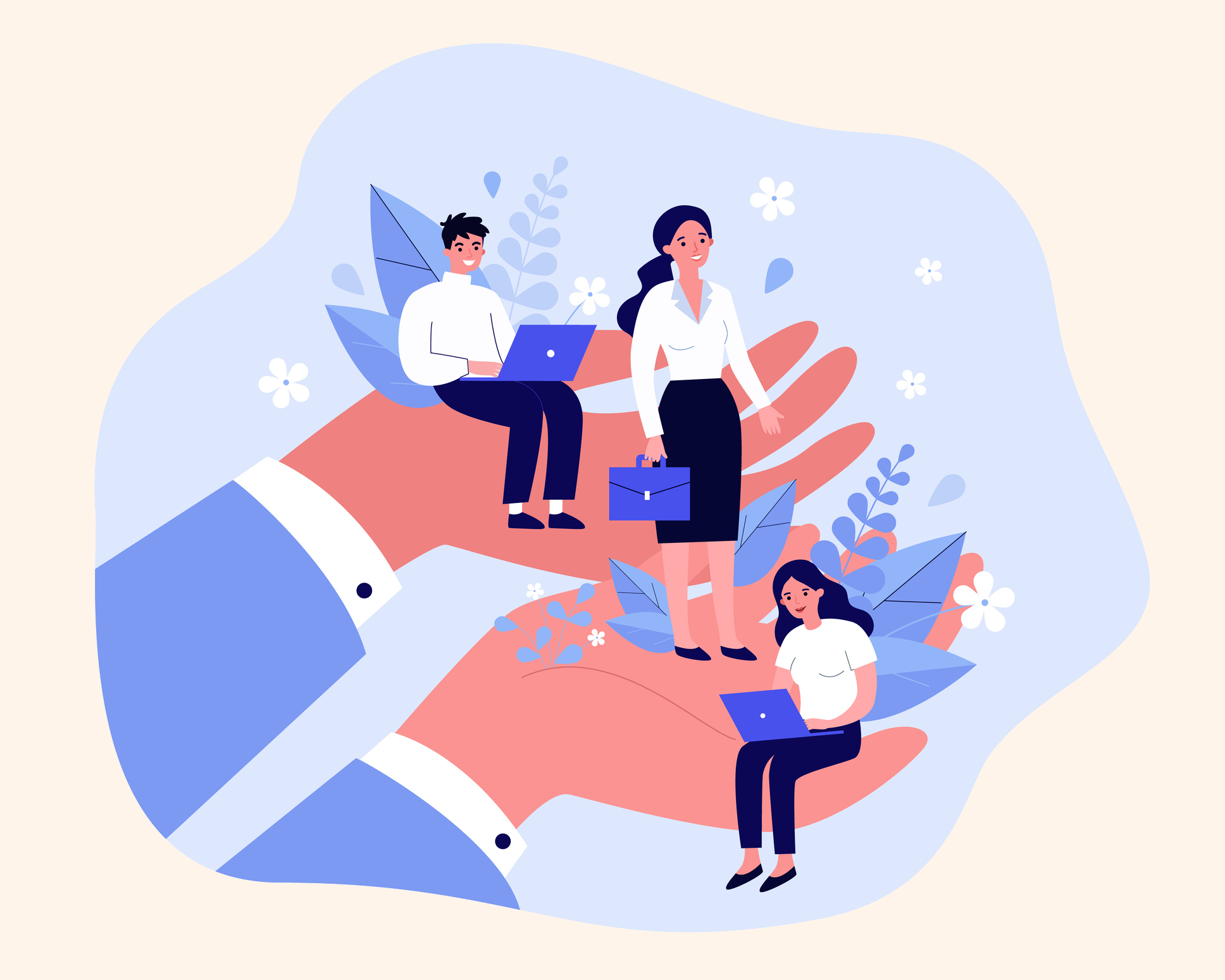 Employees care concept. Giant human hands holding and supporting tiny business professionals. Vector illustration for trade union, corporate insurance, employees wellbeing, benefits topics