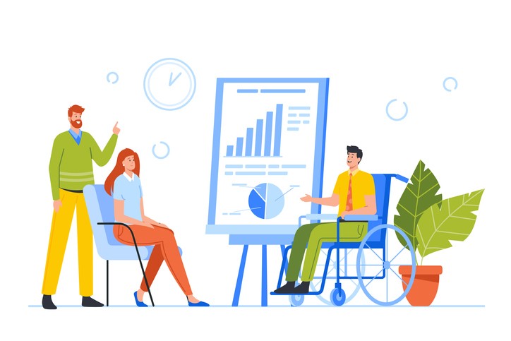 Conference Room Meeting, Presentation or Seminar with Business Characters Learn Financial Data Charts together with Disabled Man. Training of Employees Team. Cartoon People Vector Illustration