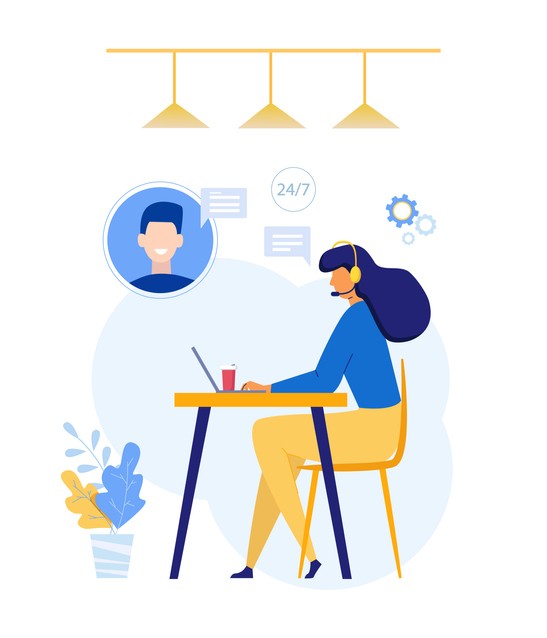 Customer service and operator concept. Vector character woman in flat style with headset consulting a client. Company online technical support.