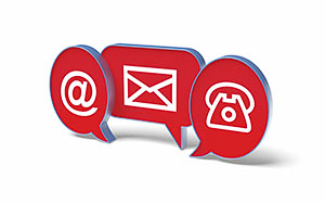 Contact symbols for email, post and telephone, as 3D speech bubbles.
