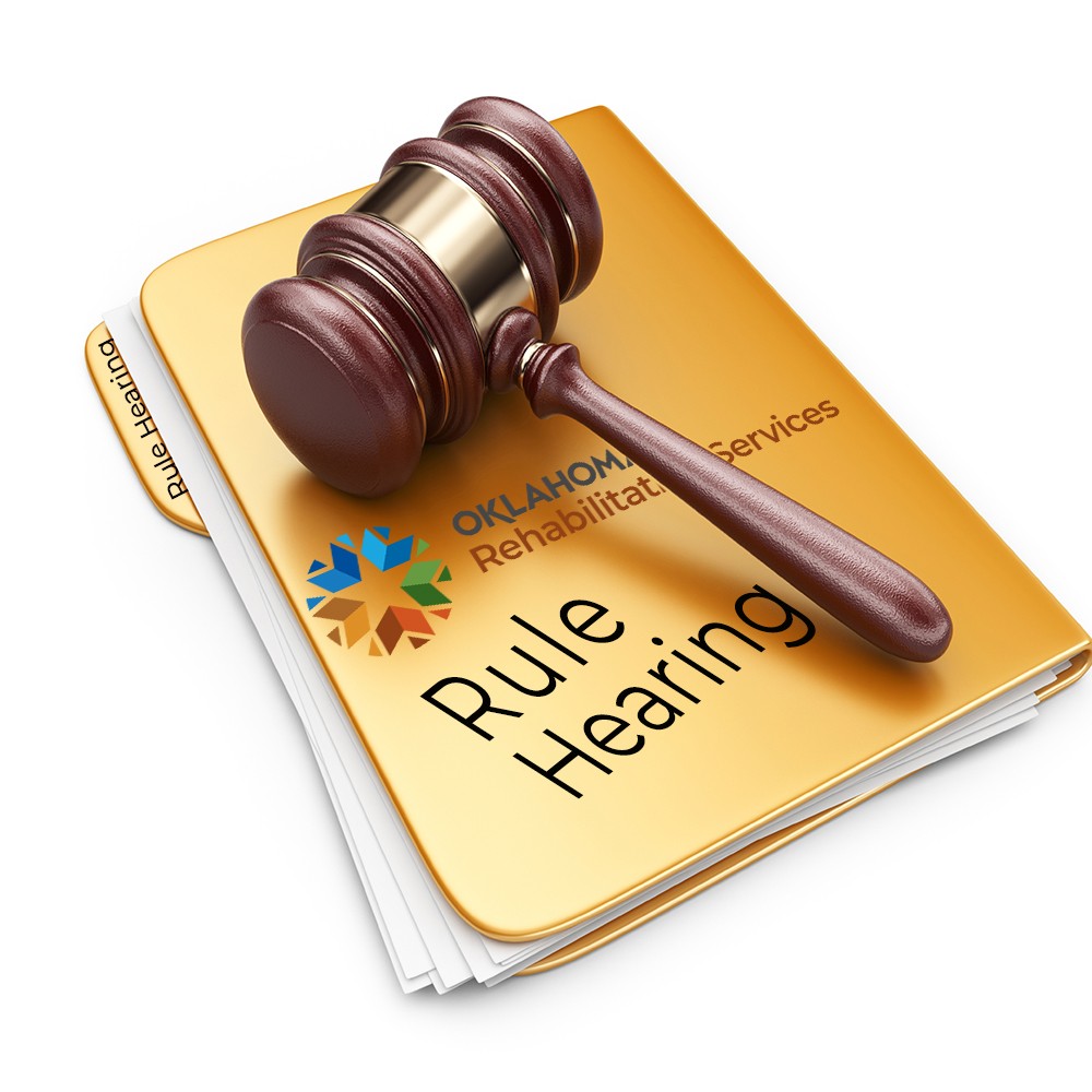 A file folder with DRS Logo and Rule Hearing on it and a gavel