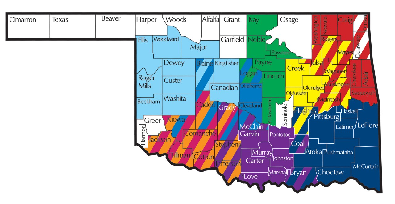 Oklahoma map with tribal VR colored by program, see list below for counties served