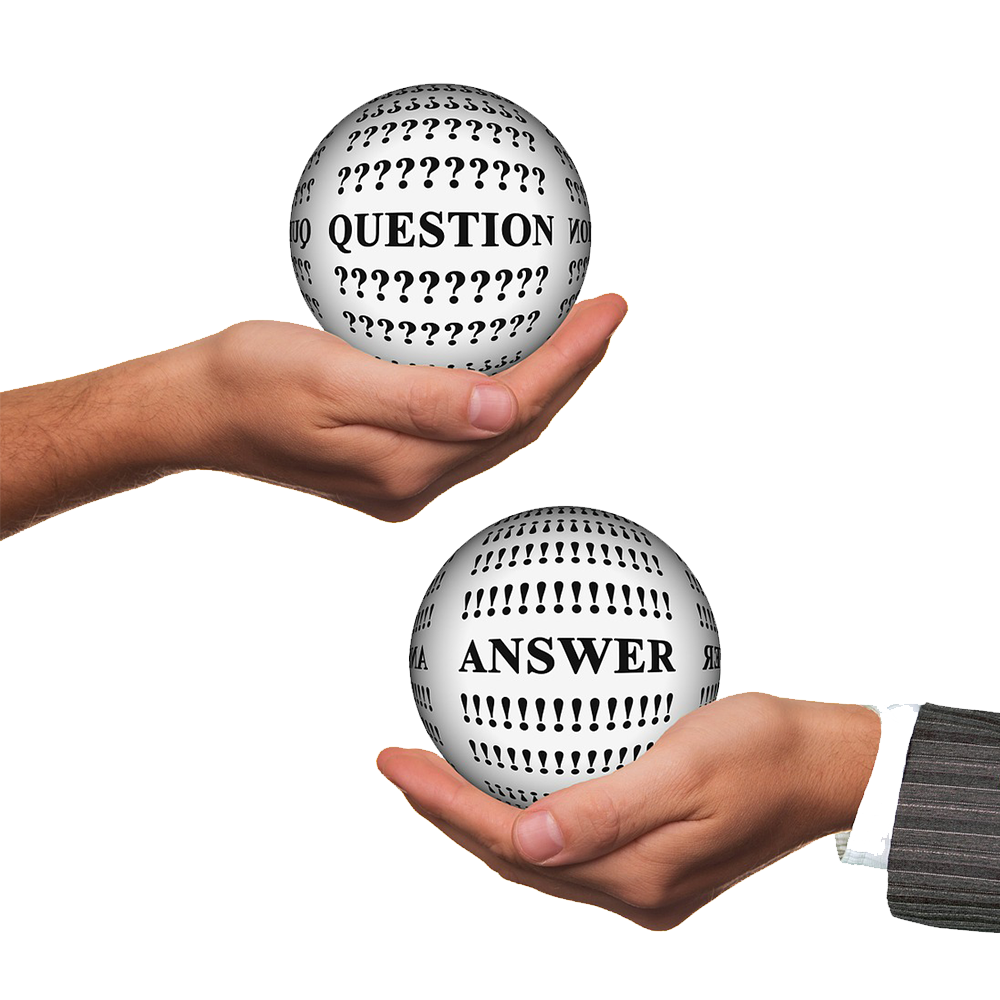 Two hands holding globes. The hand on the left is holding a globe that says questions and the hand on the right is holding a globe that says answers.