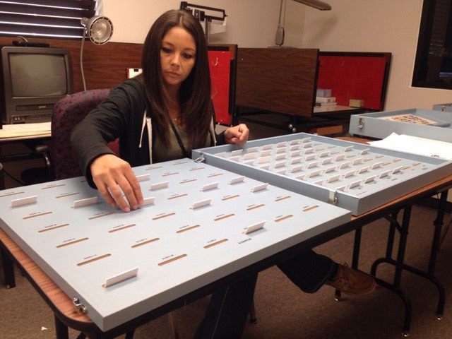 A woman sits in front of a large board placing cards in slots. 