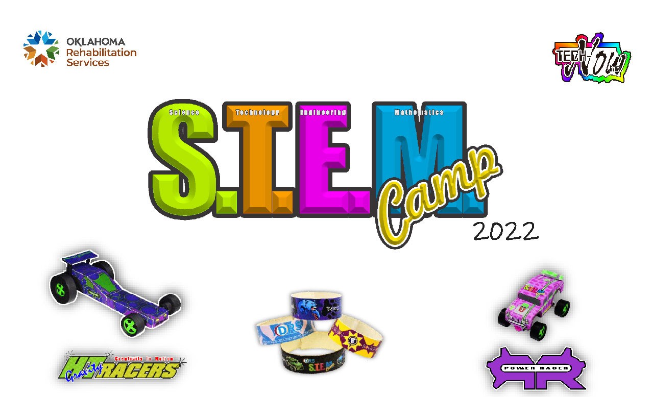 STEM Camp 2022. DRS and Tech NOW logos. images of the racecar and bracelets.