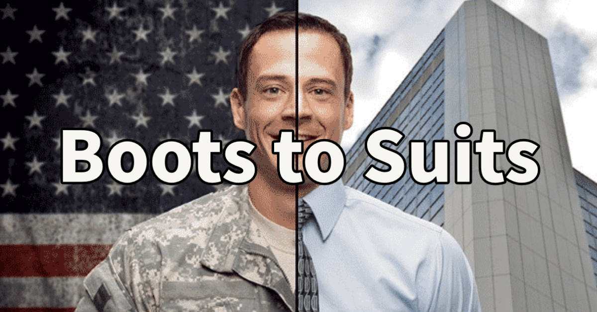 Boots to Suits program - A man in a military suit split with same man wearing a dress shirt and tie.